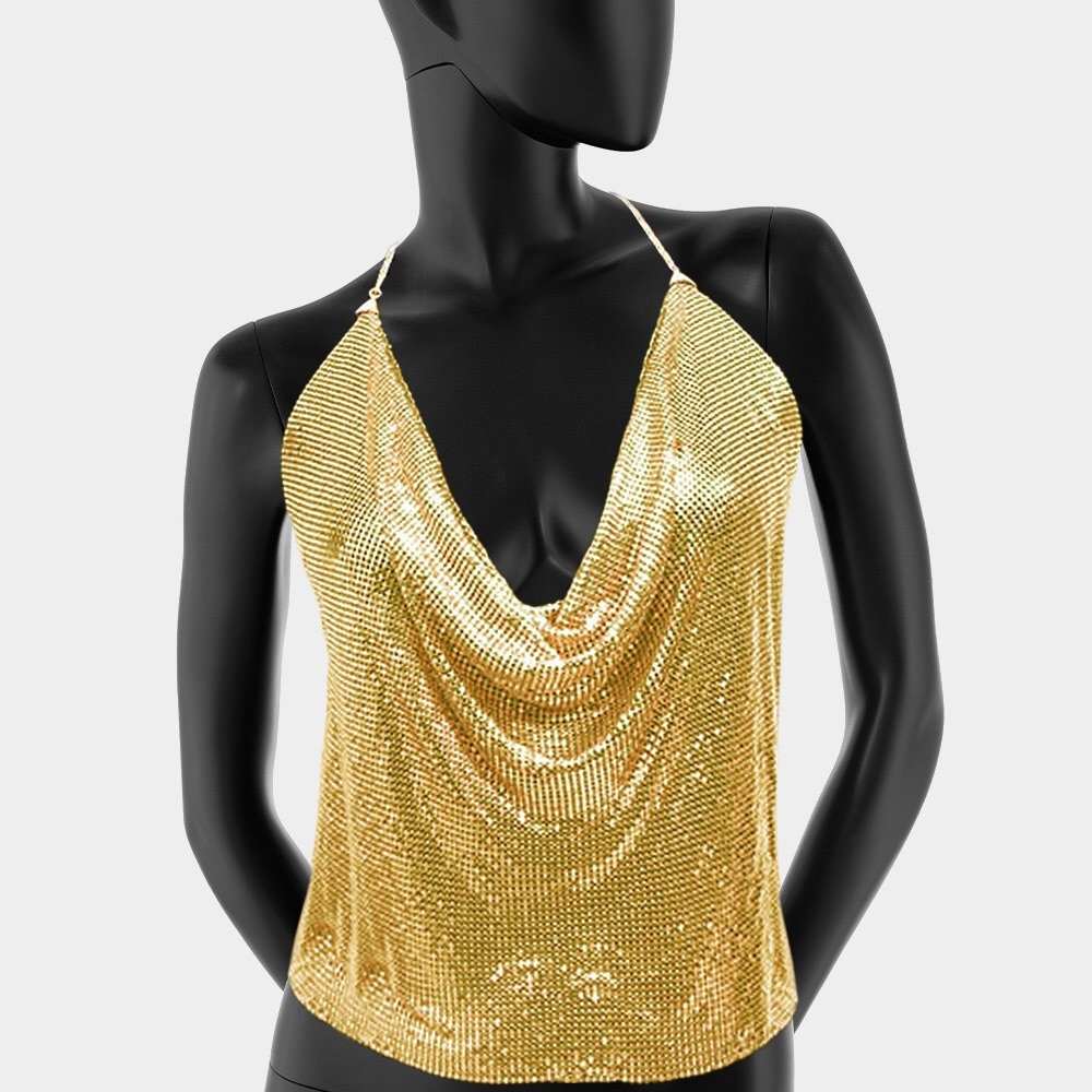Gold Metal Mesh Camisole Top Body Chain Necklace